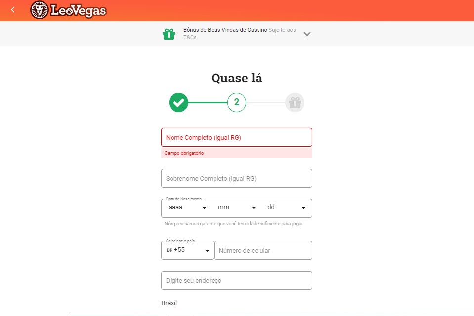 Tela de cadastro Leo Vegas